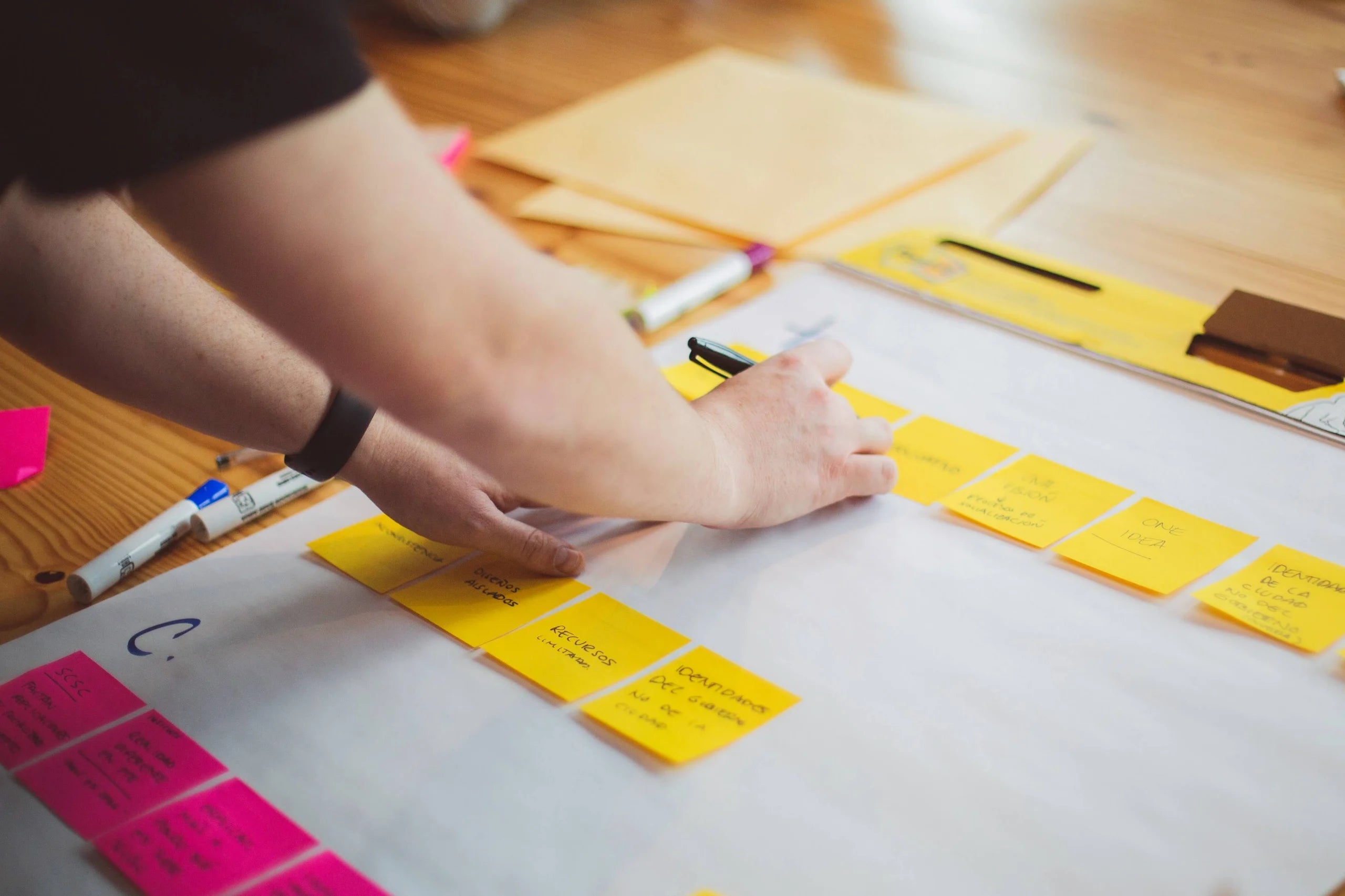 Person placing sticky notes on a large sheet of paper