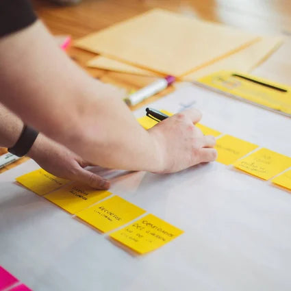 Someone putting sticky notes on an easel pad.